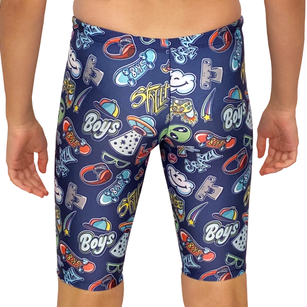 Kikx Extra Life Jammer Swimsuit in Boys Street Art Theme on Dark Navy