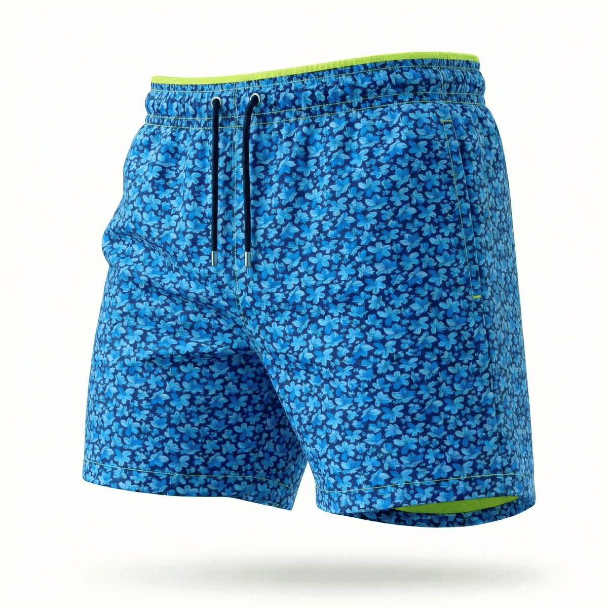 Kikx Dark Blue Midnight Bloom Board Shorts with Neon Yellow Mesh Mid Thigh Inner