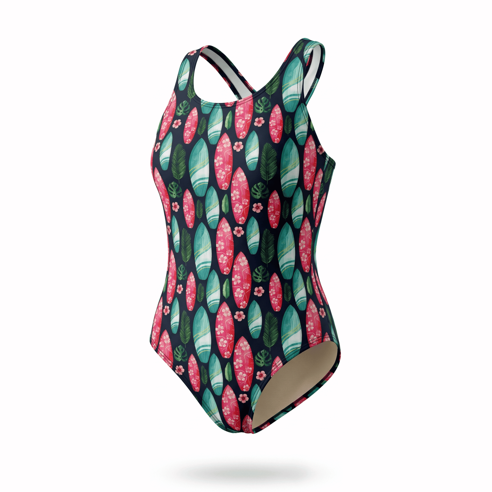 Kikx Extra Life Fastback Swimsuit in Island Vibe print on Black Background