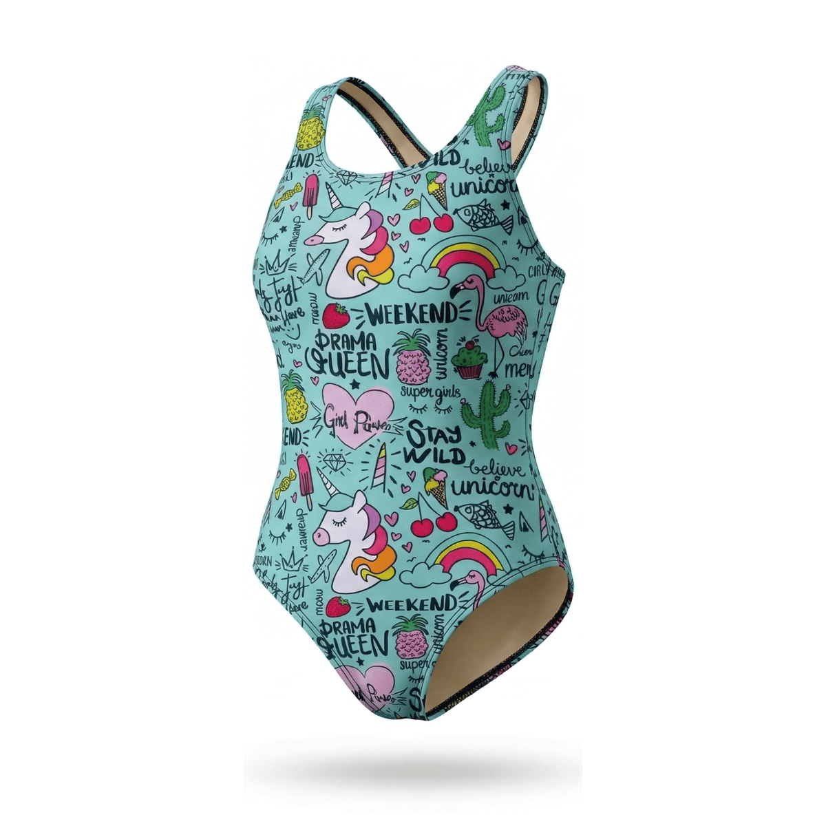 Kikx Extra Life Fastback Swimsuit in Unicorn and Summer Theme on Aqua Green