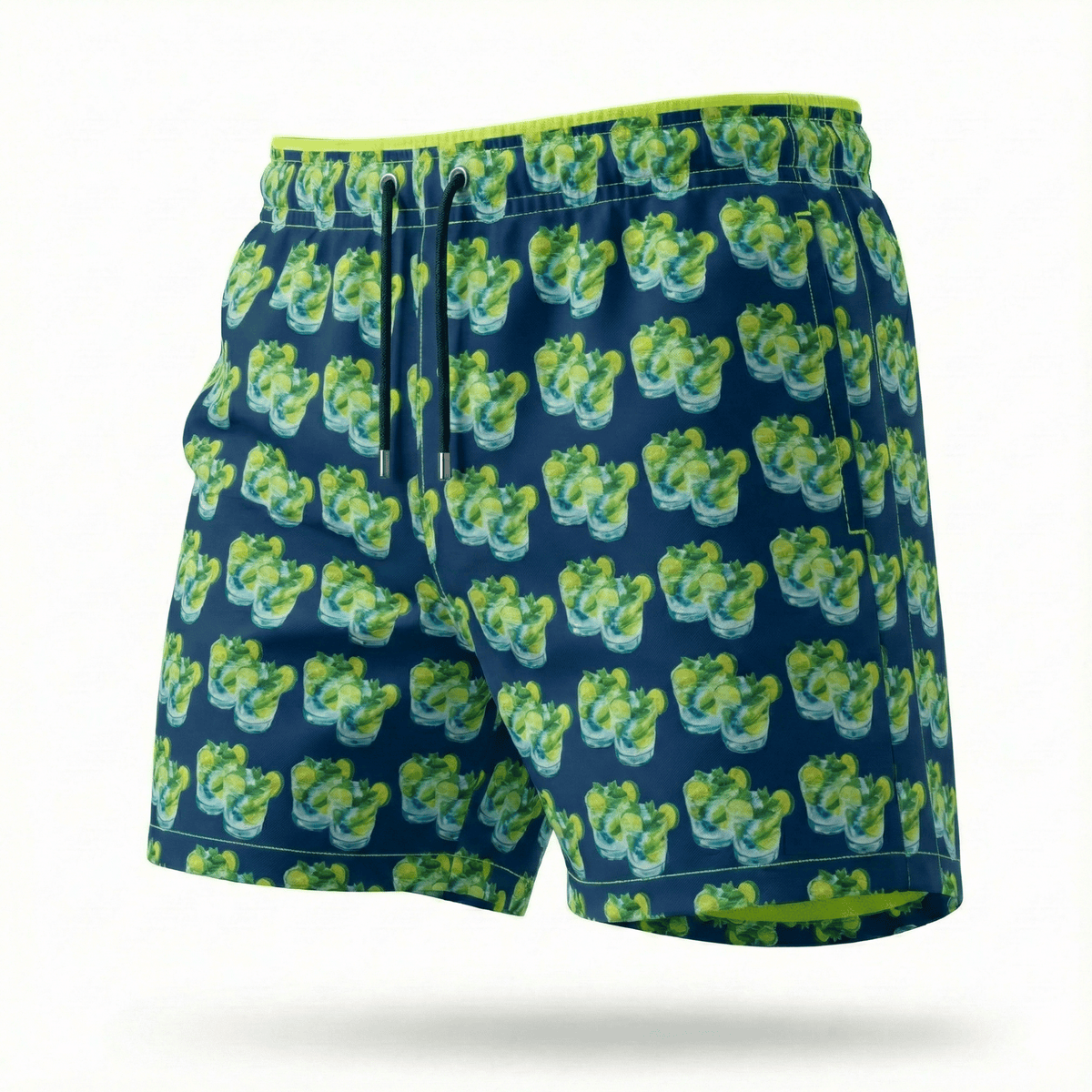 Kikx Navy Mojito Splash Board Shorts with Neon Yellow Mesh Mid Thigh Inner