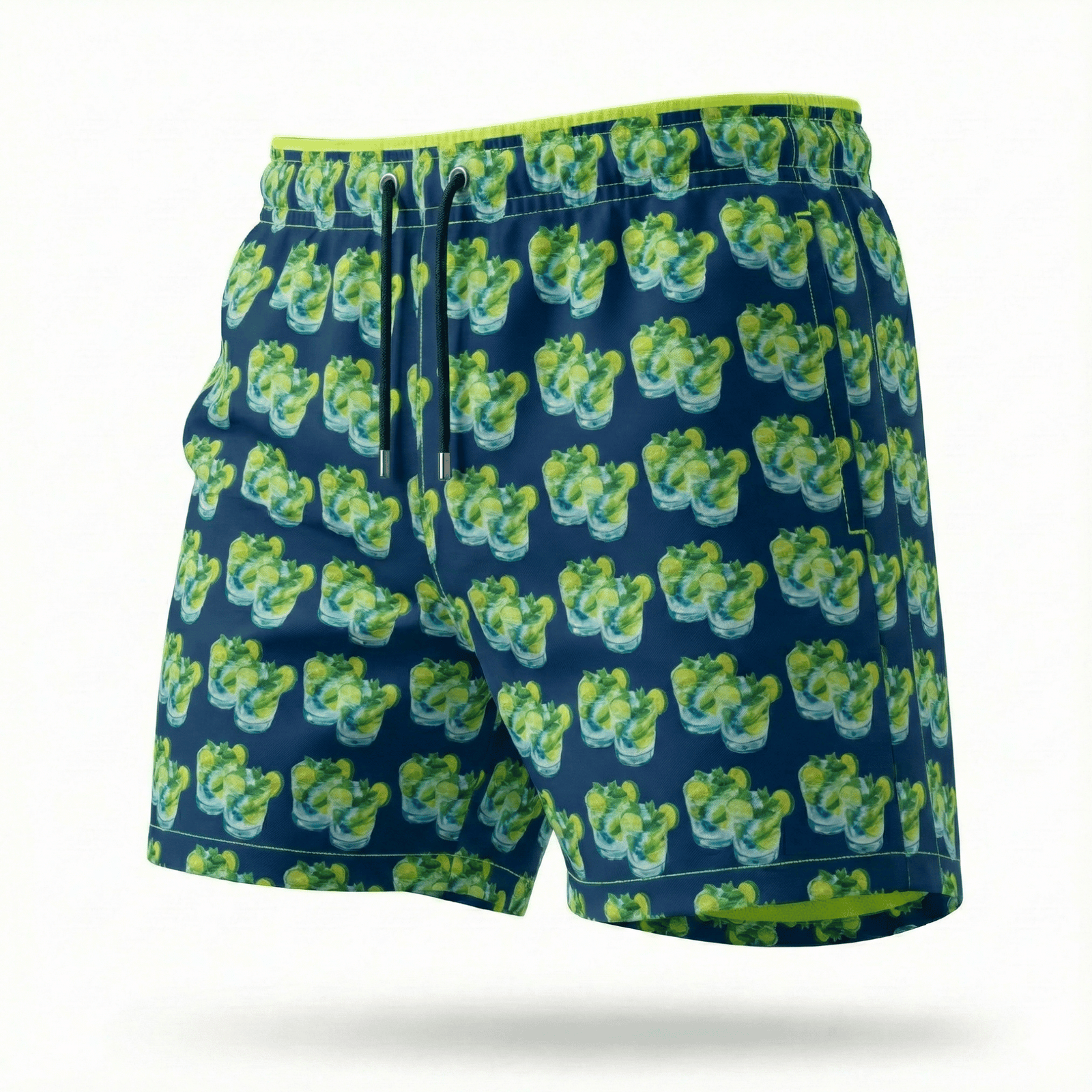 Kikx Navy Mojito Splash Board Shorts with Neon Yellow Mesh Mid Thigh Inner