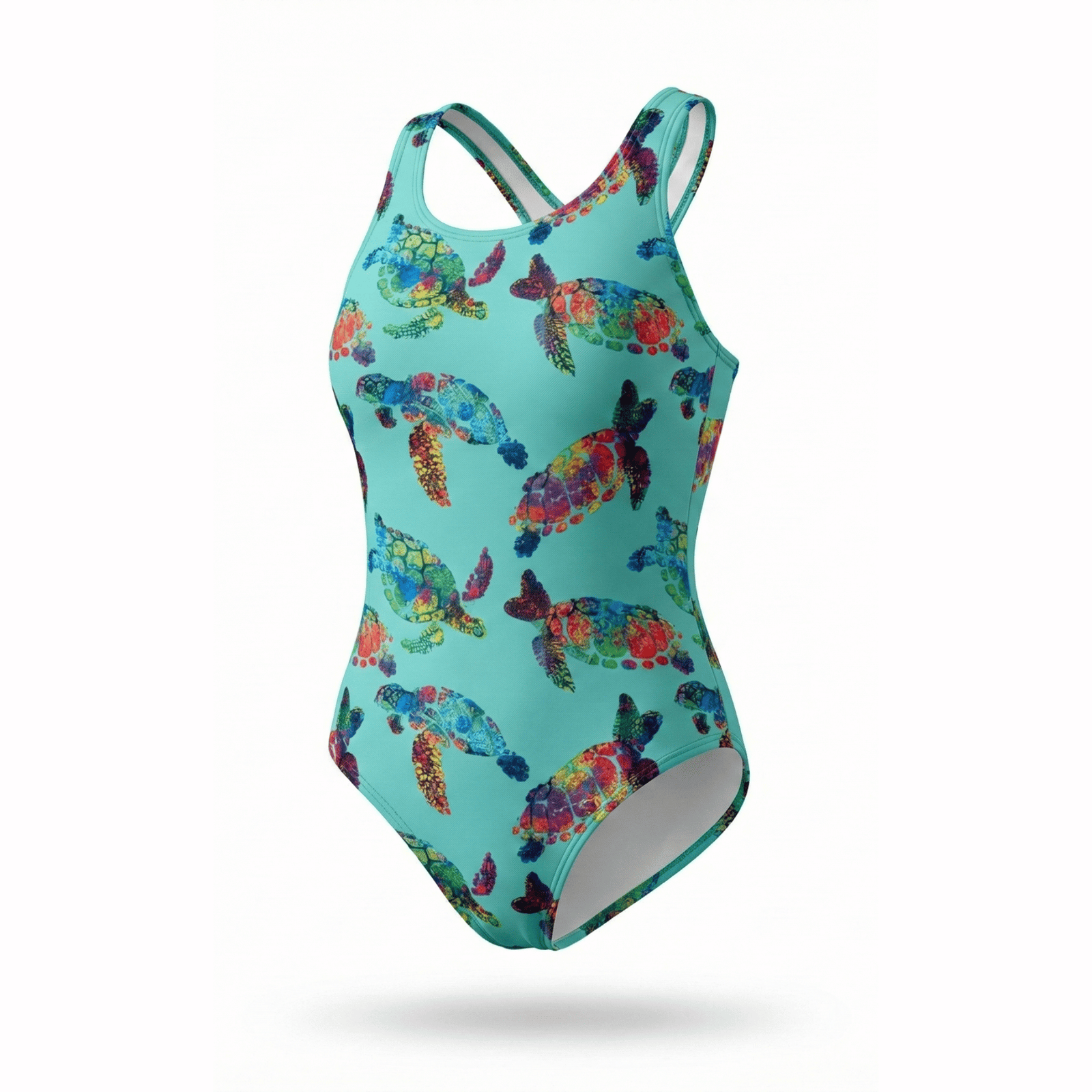 Kikx Extra Life Fastback Swimsuit in Turtle Tango Design on Teal