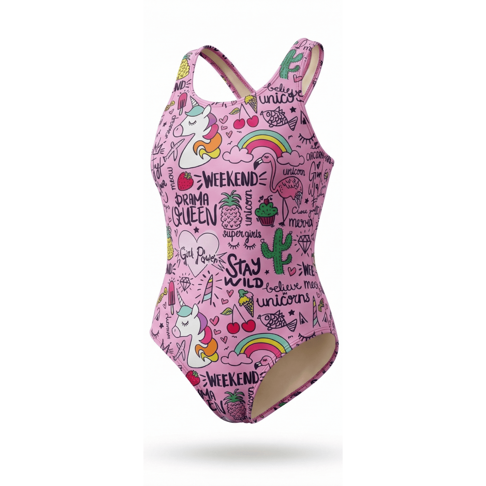 Kikx Extra Life Fastback Swimsuit in Unicorn and Summer Theme on Light Pink