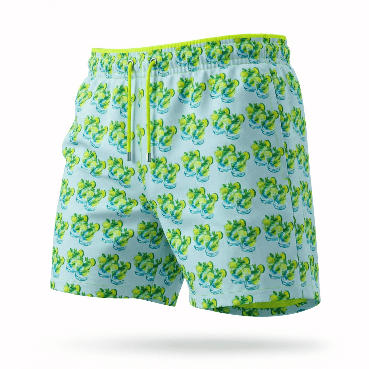 Kikx Mint Mojito Splash Board Shorts with Neon Yellow Mesh Mid Thigh Inner