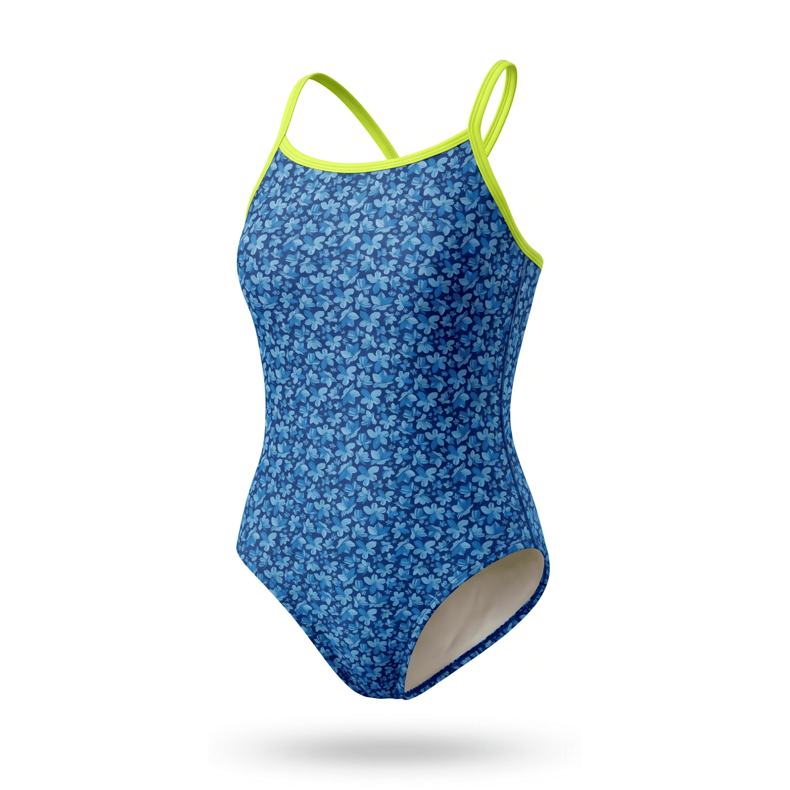 Kikx Extra Life Thin Strap Swimsuit in a Dark Blue Midnight Bloom Print with Neon Yellow Straps