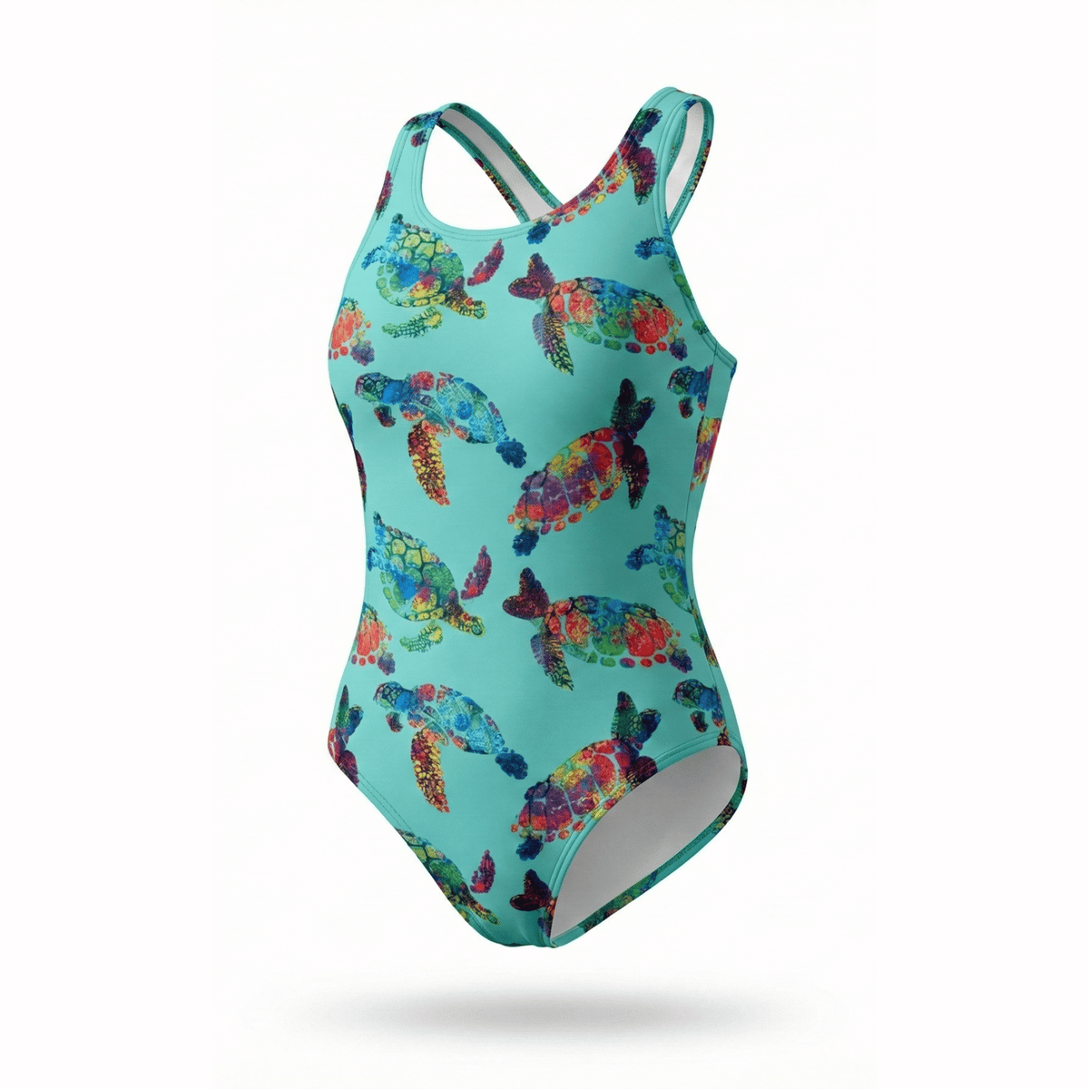 Kikx Extra Life Fastback Swimsuit in Turtle Tango Design on Teal