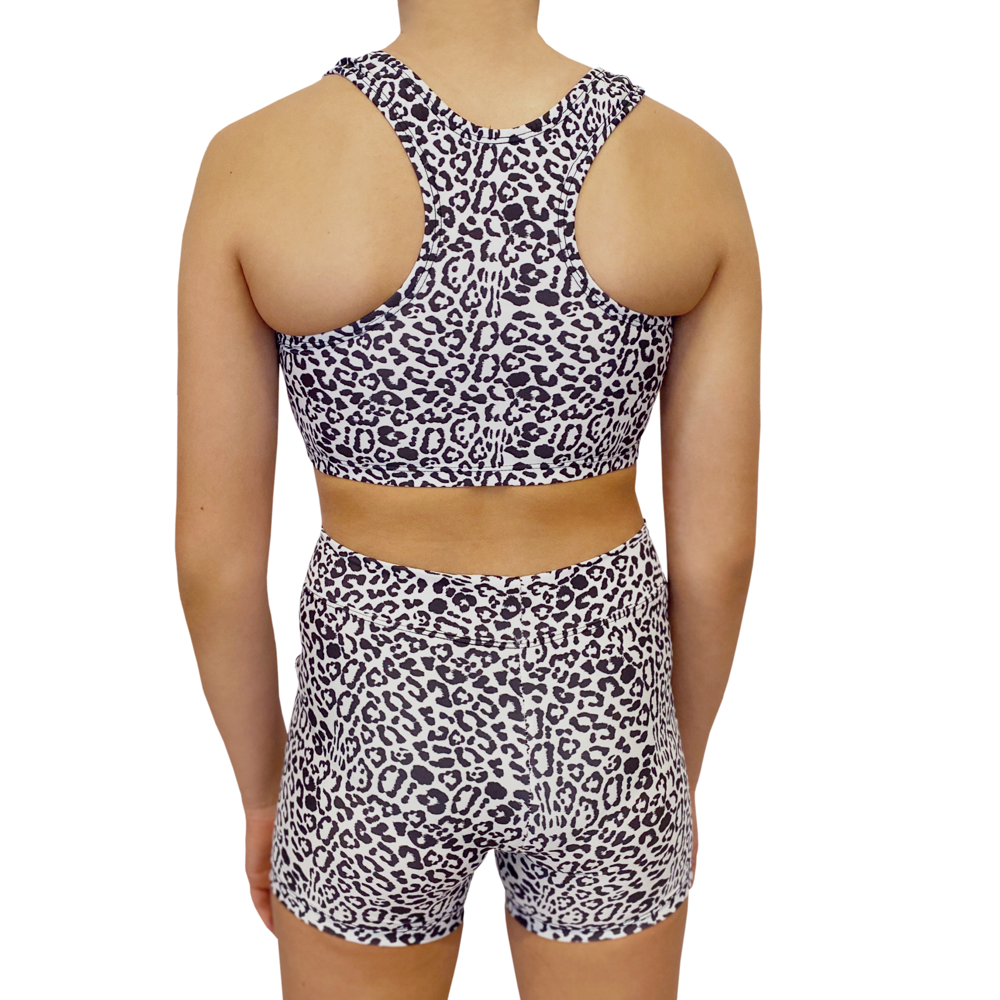 Kikx Kayla Style Sleeveless Crop Top with Racer Back in Leopard Print on White Supa Matt