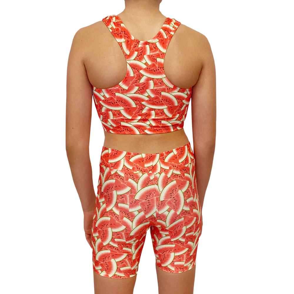 Kikx Kayla Style Sleeveless Crop Top with Racer Back in Overlapping Watermelon Slices Supa Matt