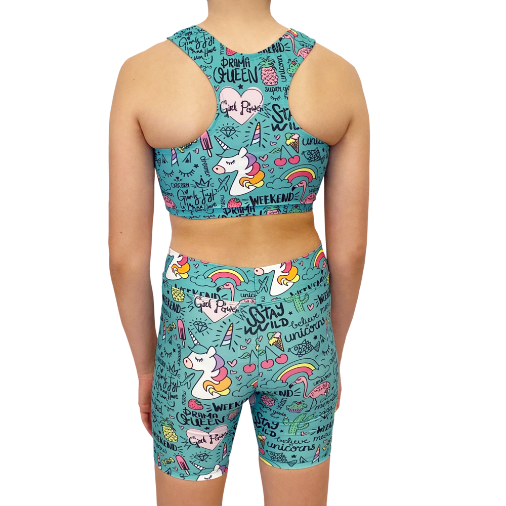 Kikx Kayla Style Sleeveless Crop Top with Racer Back in Unicorn and Summer Theme on Turquoise Green Supa Matt