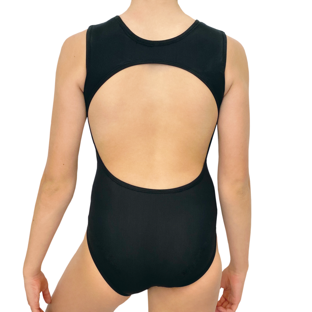 Kikx Skye Style Sleeveless Open Half Back Leotard in Plain Black