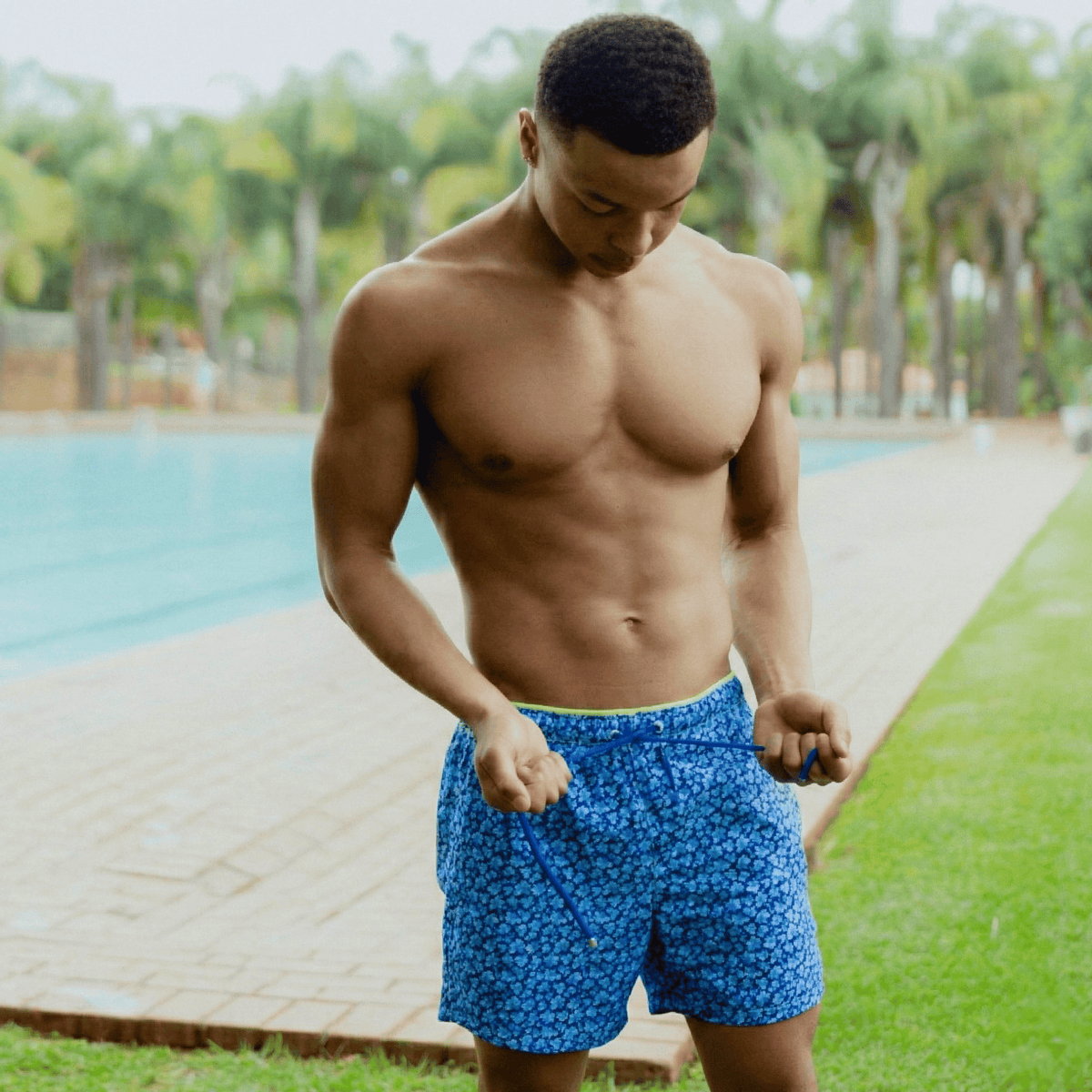 Kikx Dark Blue Midnight Bloom Board Shorts with Neon Yellow Mesh Mid Thigh Inner