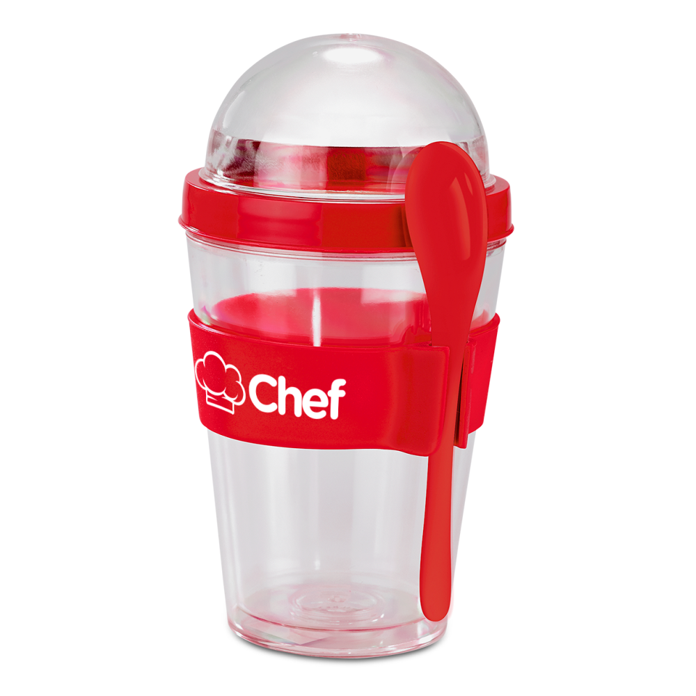 Yo-On-The-Go Brandable Breakfast Cup in Clear and Red