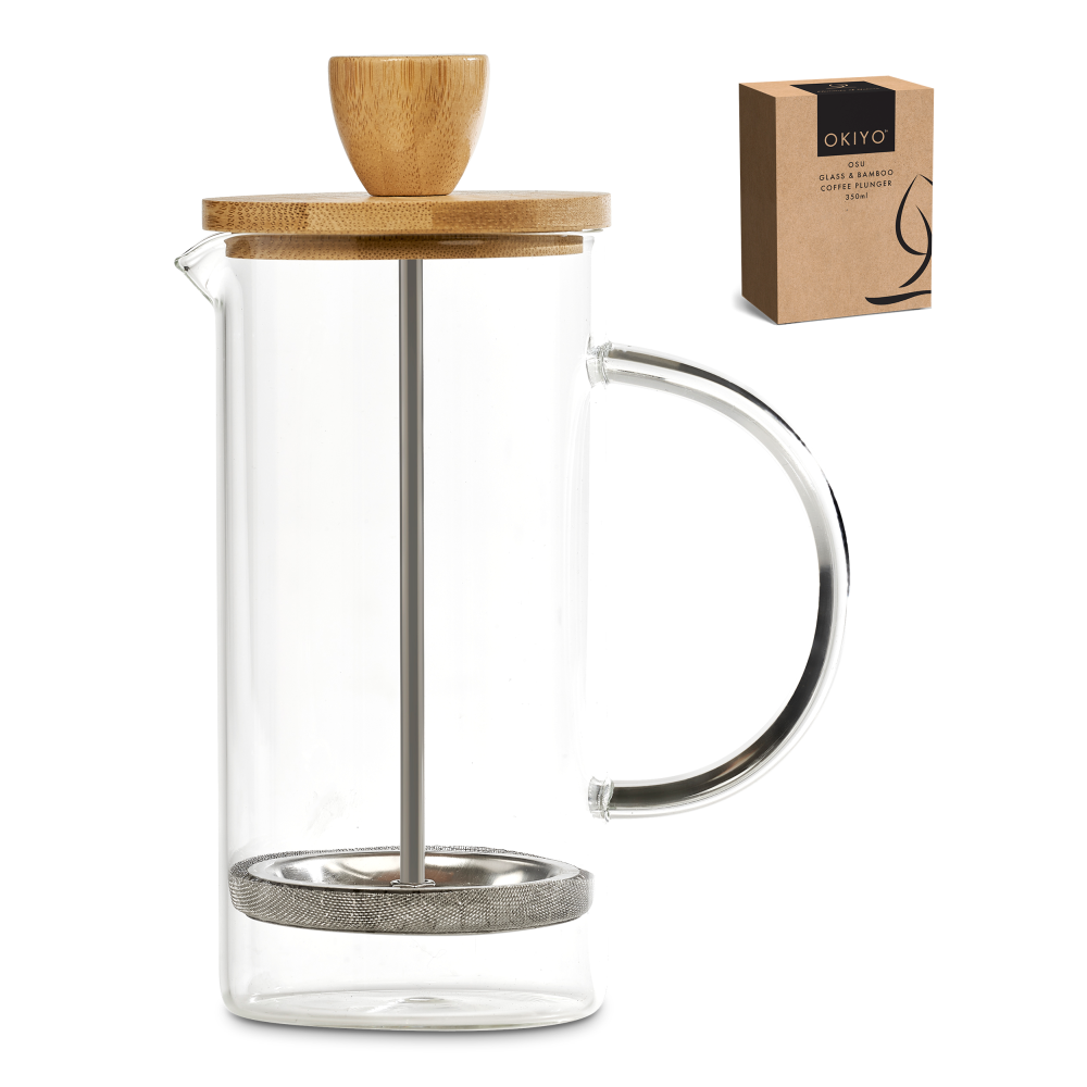 Okiyo Osu Glass &amp; Bamboo Brandable Coffee Plunger in Natural