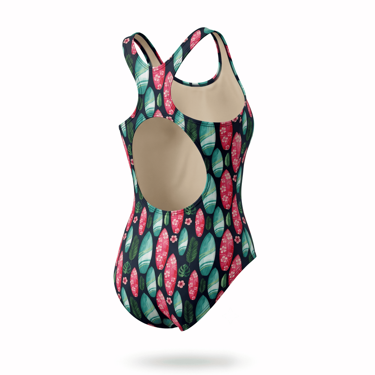 Kikx Extra Life Fastback Swimsuit in Island Vibe print on Black Background