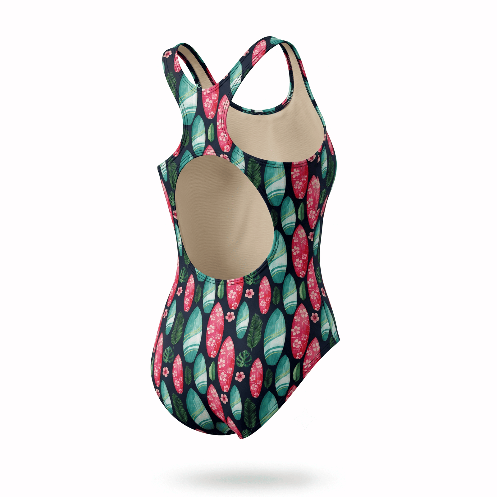 Kikx Extra Life Fastback Swimsuit in Island Vibe print on Black Background