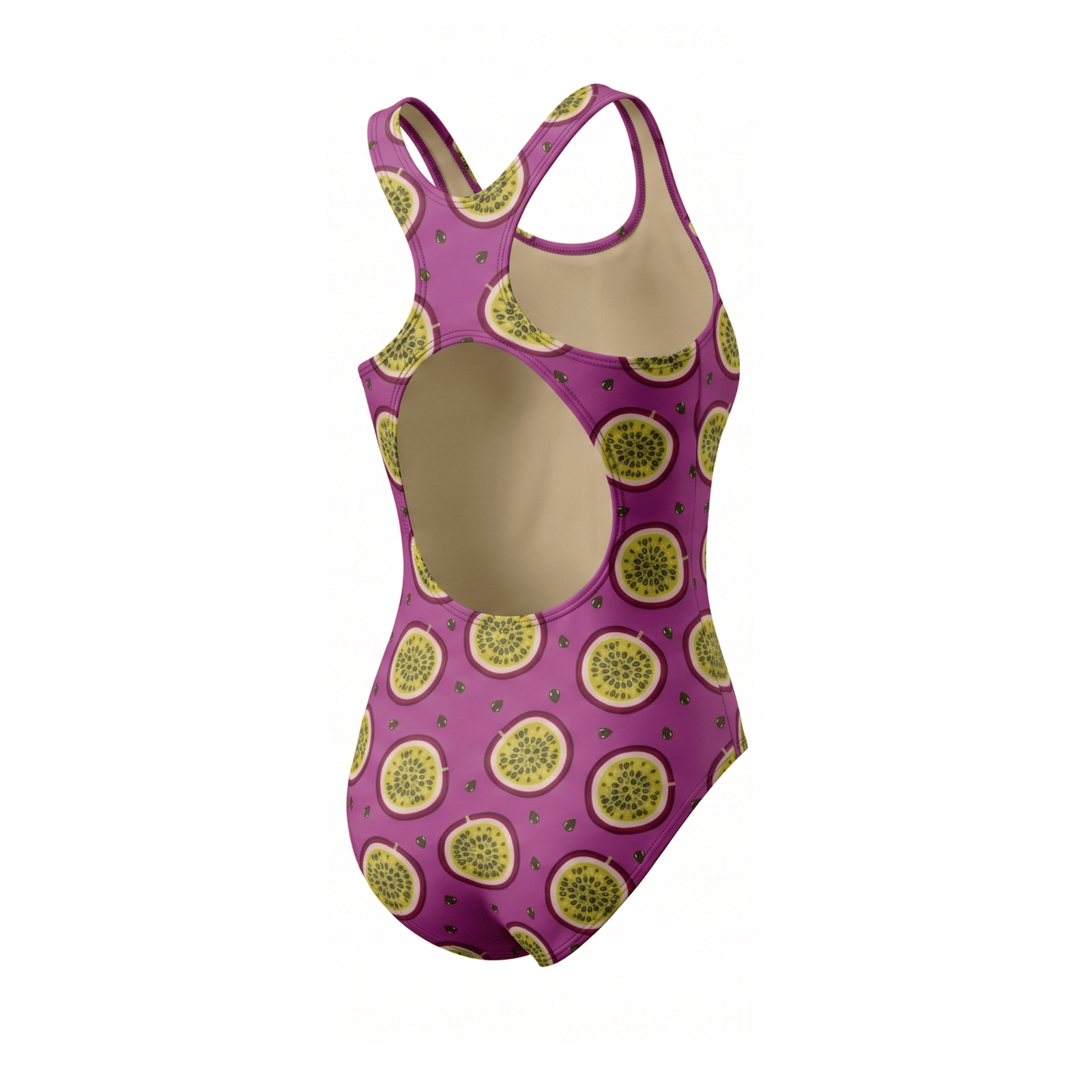 Kikx Extra Life Fastback Swimsuit in Passion Fruit on Light Purple Background