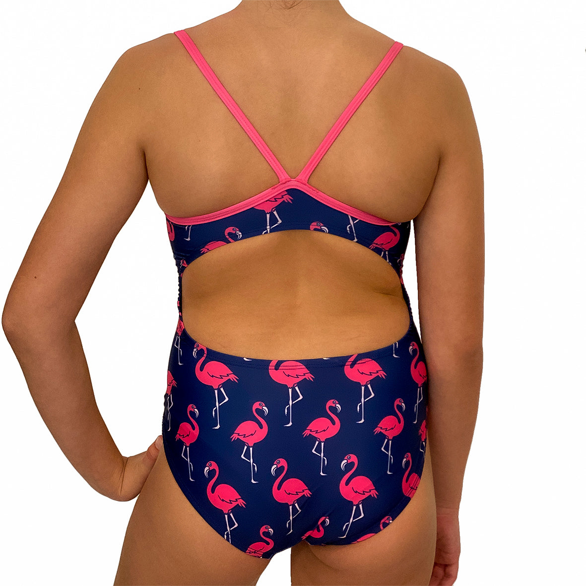 Kikx Extra Life Thin Strap Swimsuit in Flamingos on Dark Navy and Neon Pink Straps