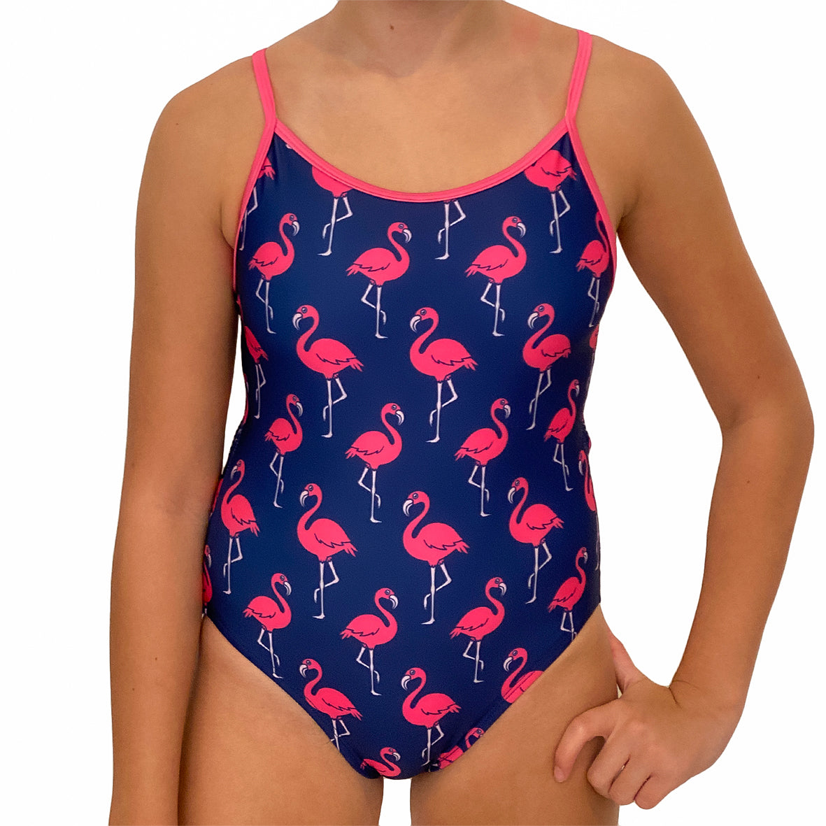 Kikx Extra Life Thin Strap Swimsuit in Flamingos on Dark Navy and Neon Pink Straps
