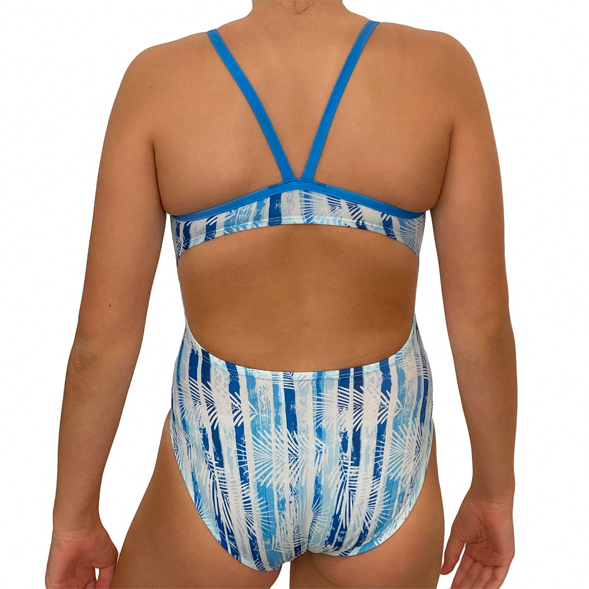 Kikx Extra Life Thin Strap Swimsuit in Palm Leaves over Aqua Teal Grunge Stripes and Turquoise Blue Straps