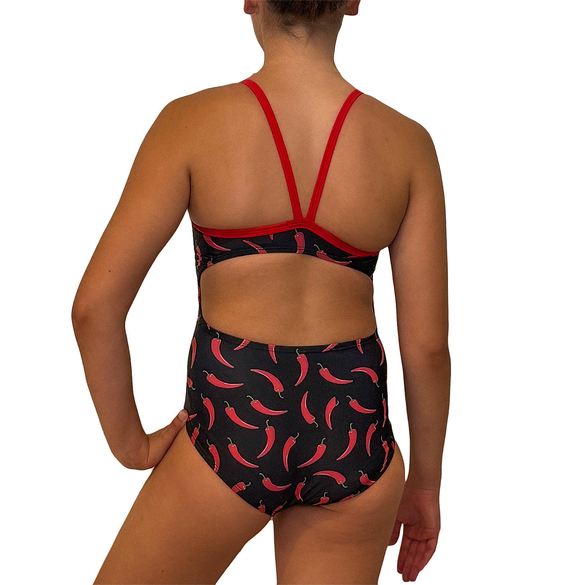 Kikx Extra Life Thin Strap Swimsuit in Chillies on Black with Red Straps