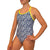Kikx Extra Life Thin Strap Swimsuit in Ditzy Blooms in White on Dark Navy with Neon Yellow Straps