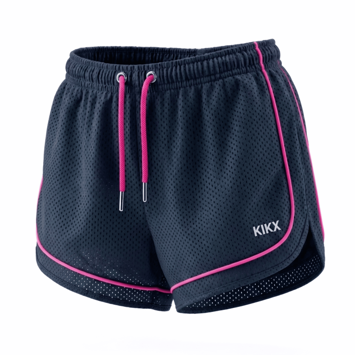 Kikx VENTRAFLOW Shorts in Navy BMX Outer Mesh with Neon Pink Piping and Inner