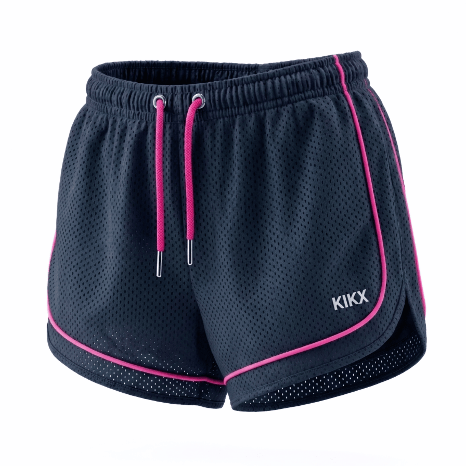 Kikx VENTRAFLOW Shorts in Navy BMX Outer Mesh with Neon Pink Piping and Inner