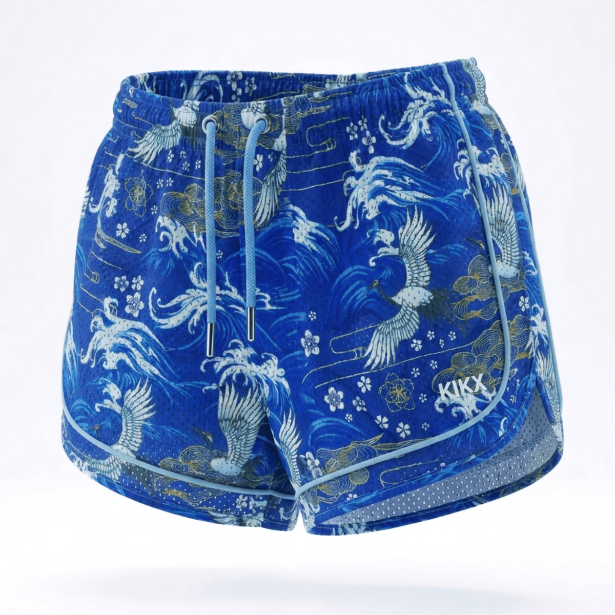 Kikx VENTRAFLOW Shorts in Royal Kaito Printed BMX Outer Mesh with Light Blue Piping and Inner