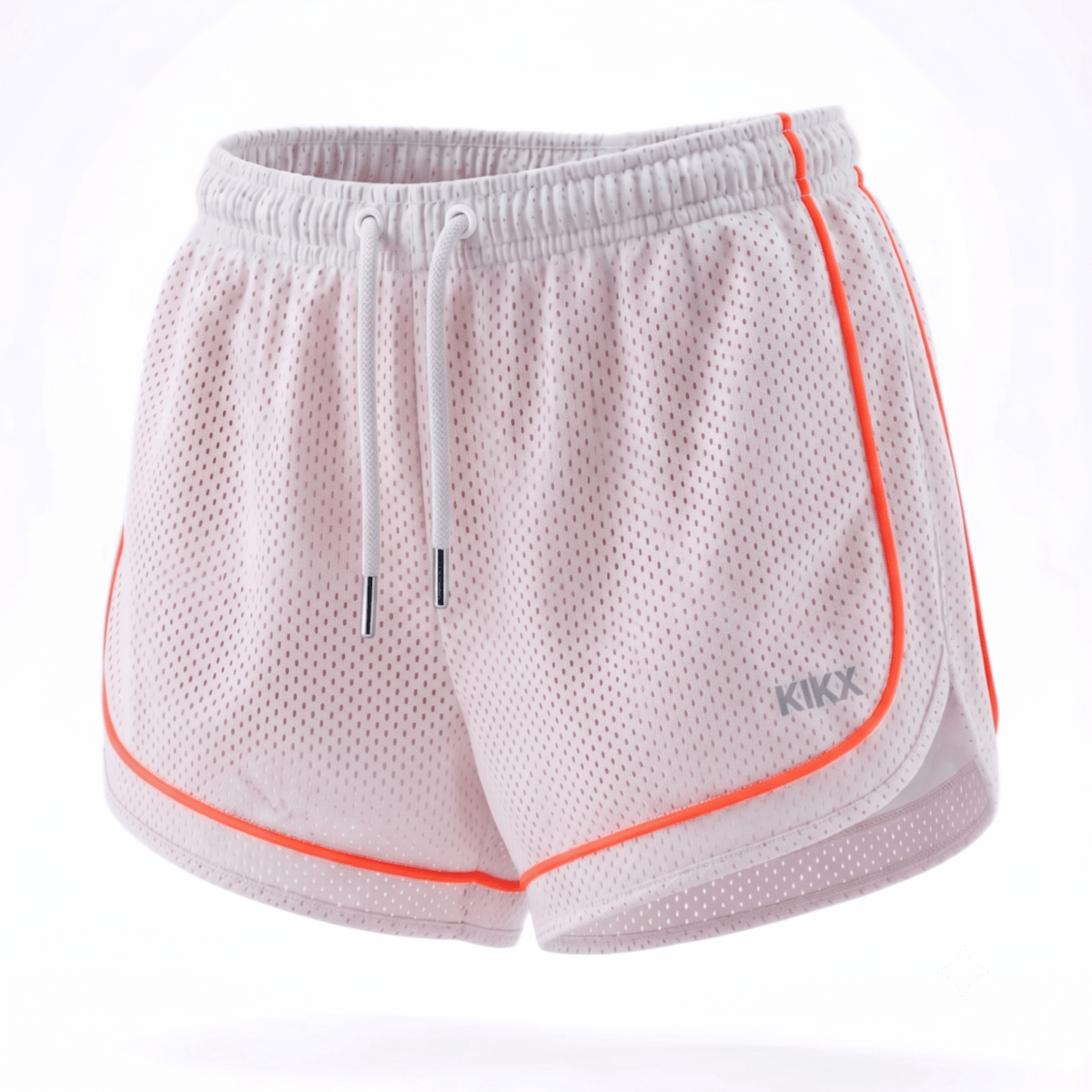 Kikx VENTRAFLOW Shorts in White BMX Outer Mesh with Neon Coral Piping and Neon Coral Inner
