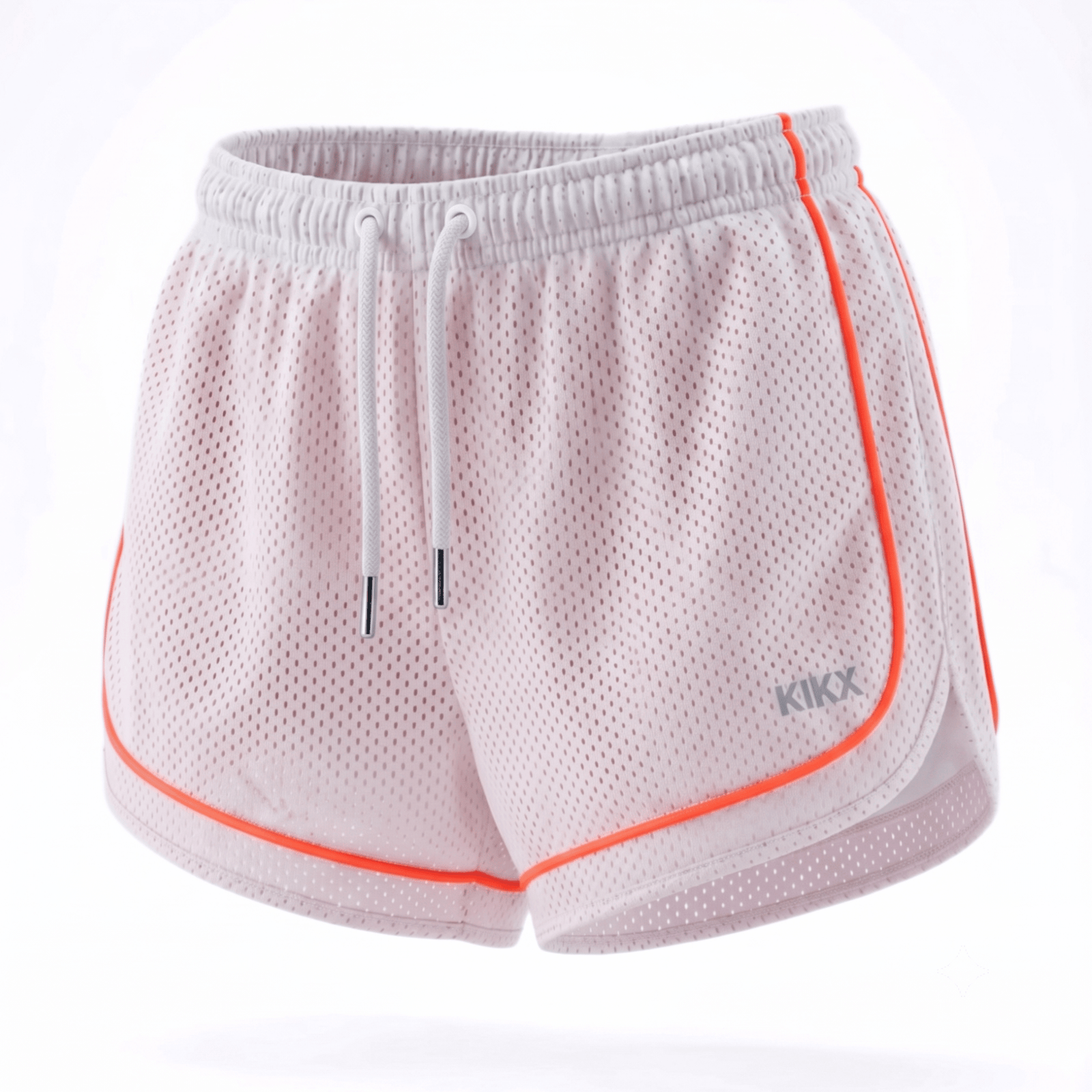 Kikx VENTRAFLOW Shorts in White BMX Outer Mesh with Neon Coral Piping and Neon Coral Inner