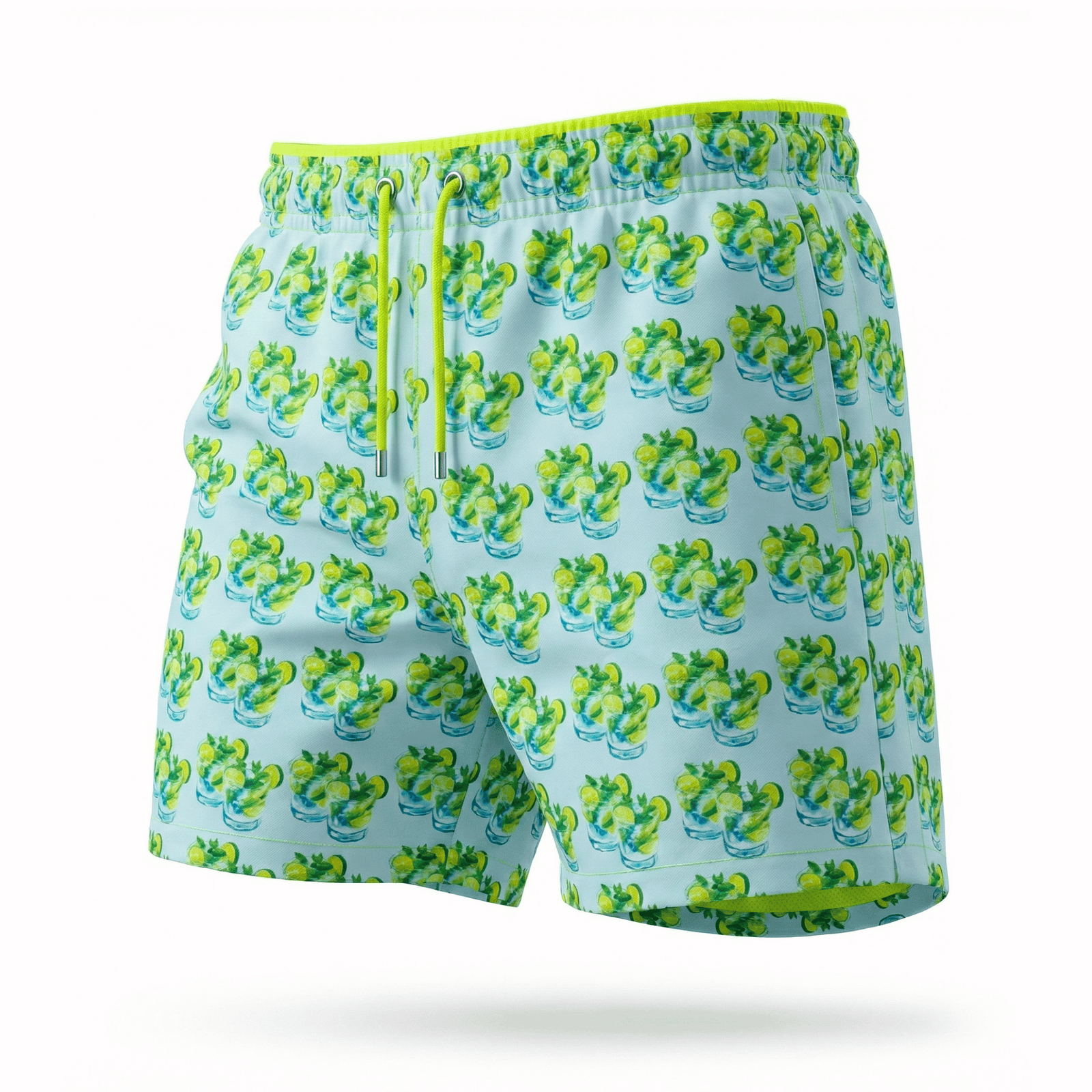 Kikx Mint Mojito Splash Board Shorts with Neon Yellow Mesh Mid Thigh Inner
