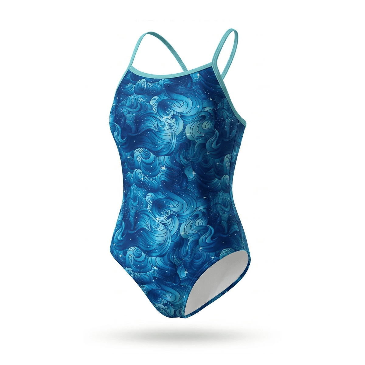 Kikx Extra Life Thin Strap Swimsuit in Starbound Print with Aquamarine Straps
