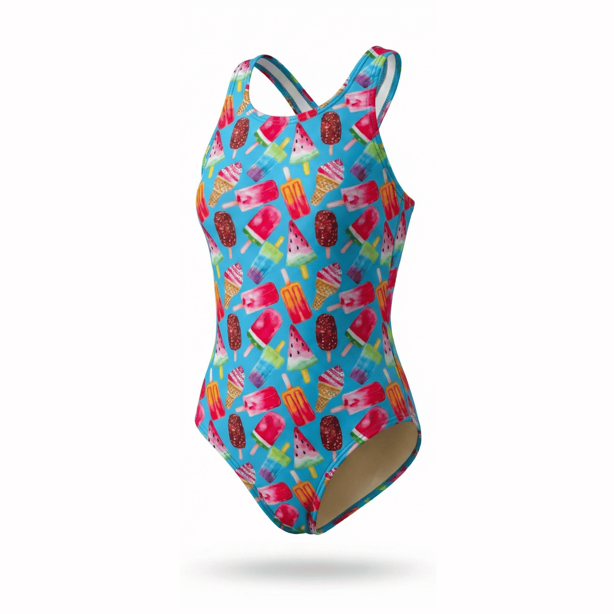 Kikx Extra Life Fastback Swimsuit in Fruity Frostbite Design on Light Blue Background