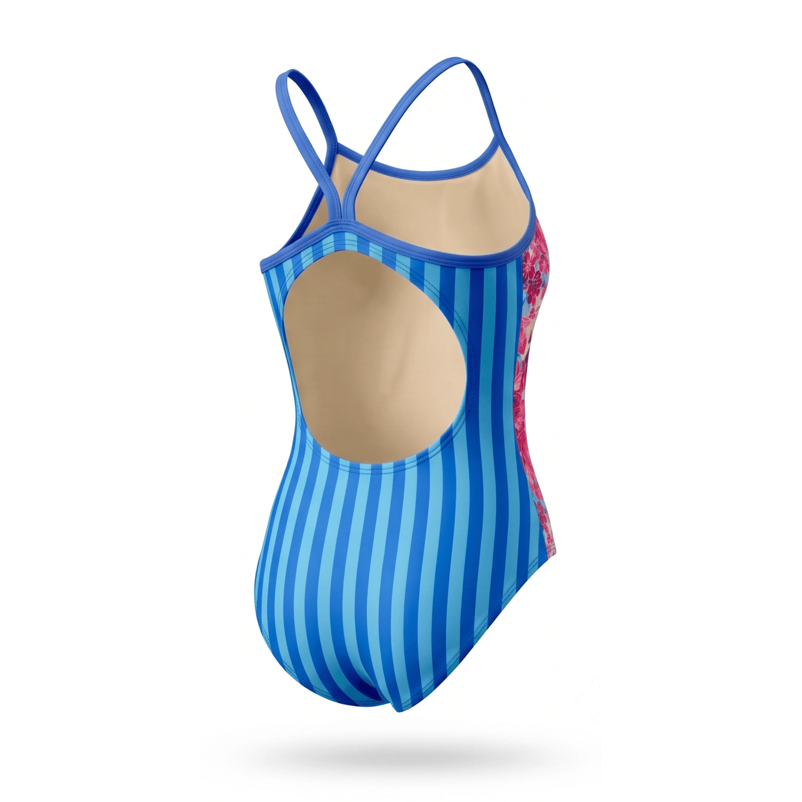 Kikx Extra Life Thin Strap Swimsuit in La Med Print with Blue Striped Back with Blue Straps