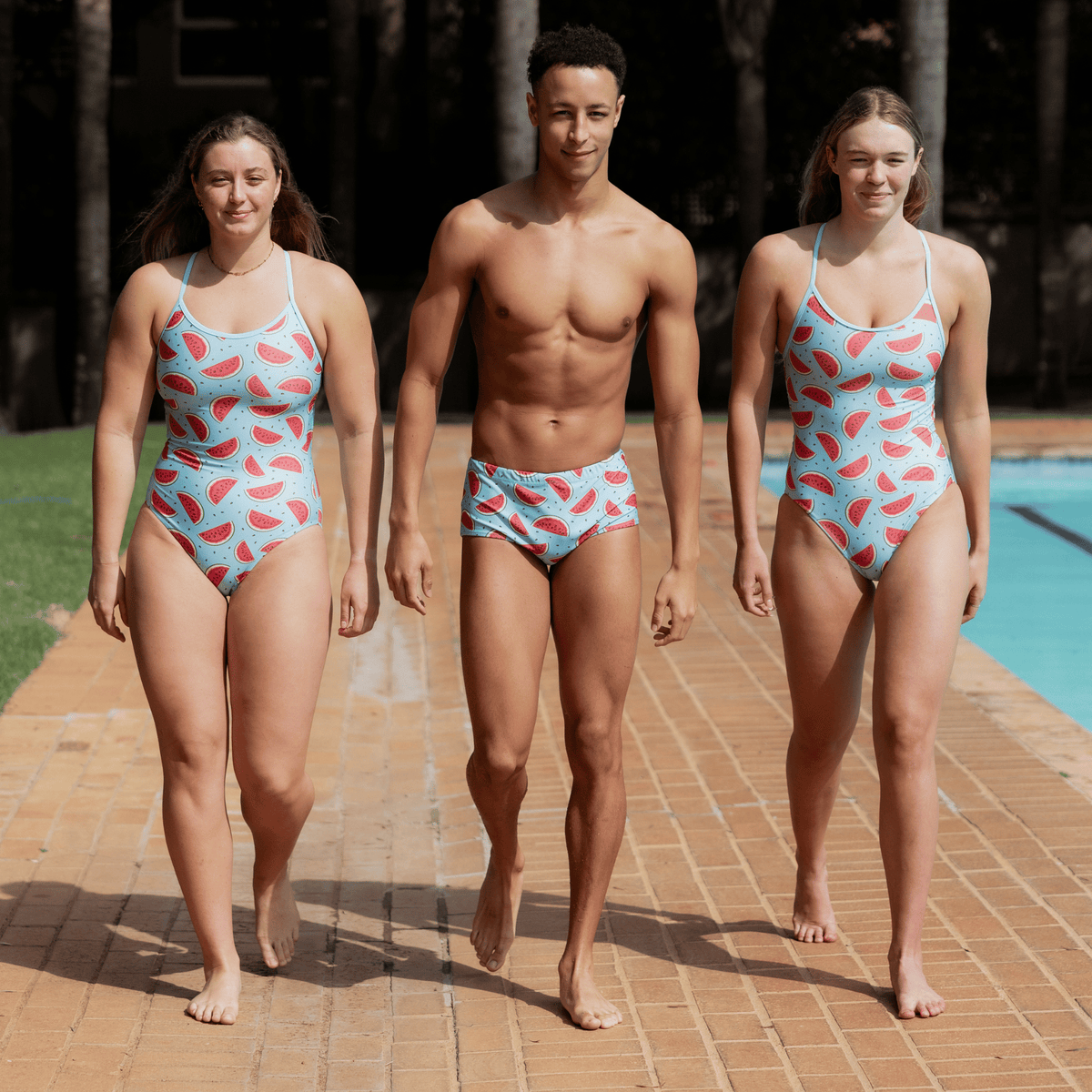 Kikx Extra Life Boxer Swimsuit with Summer Candy Watermelon Slices on Aquamarine