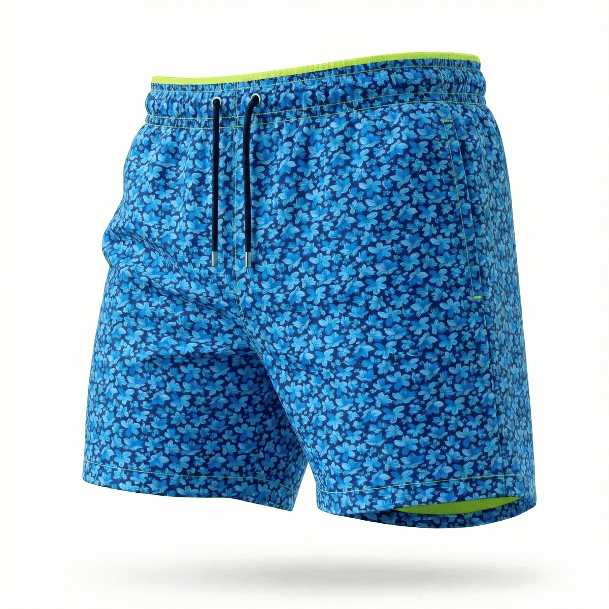Kikx Dark Blue Midnight Bloom Padel 2 Pool Shorts with Neon Yellow Mesh Mid Thigh Inner