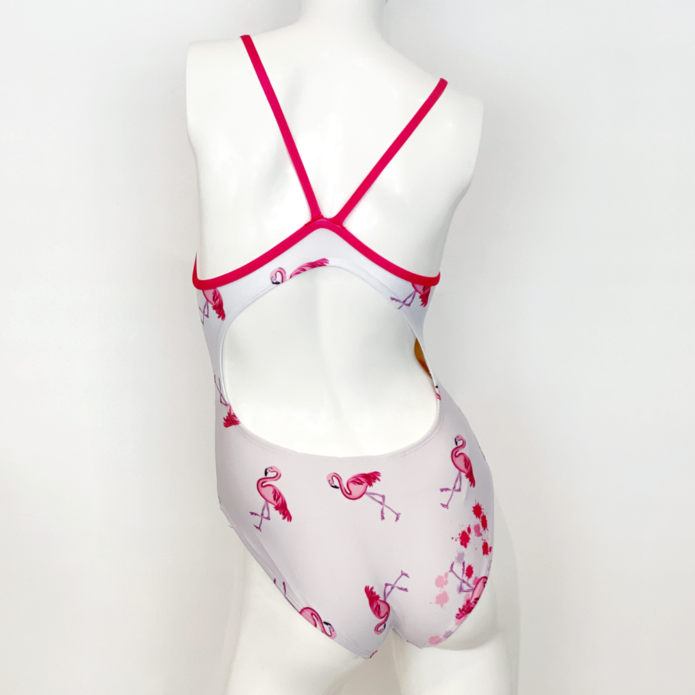 Kikx Extra Life Thin Strap Swimsuit in Full Print Flamingos in Splashes on White