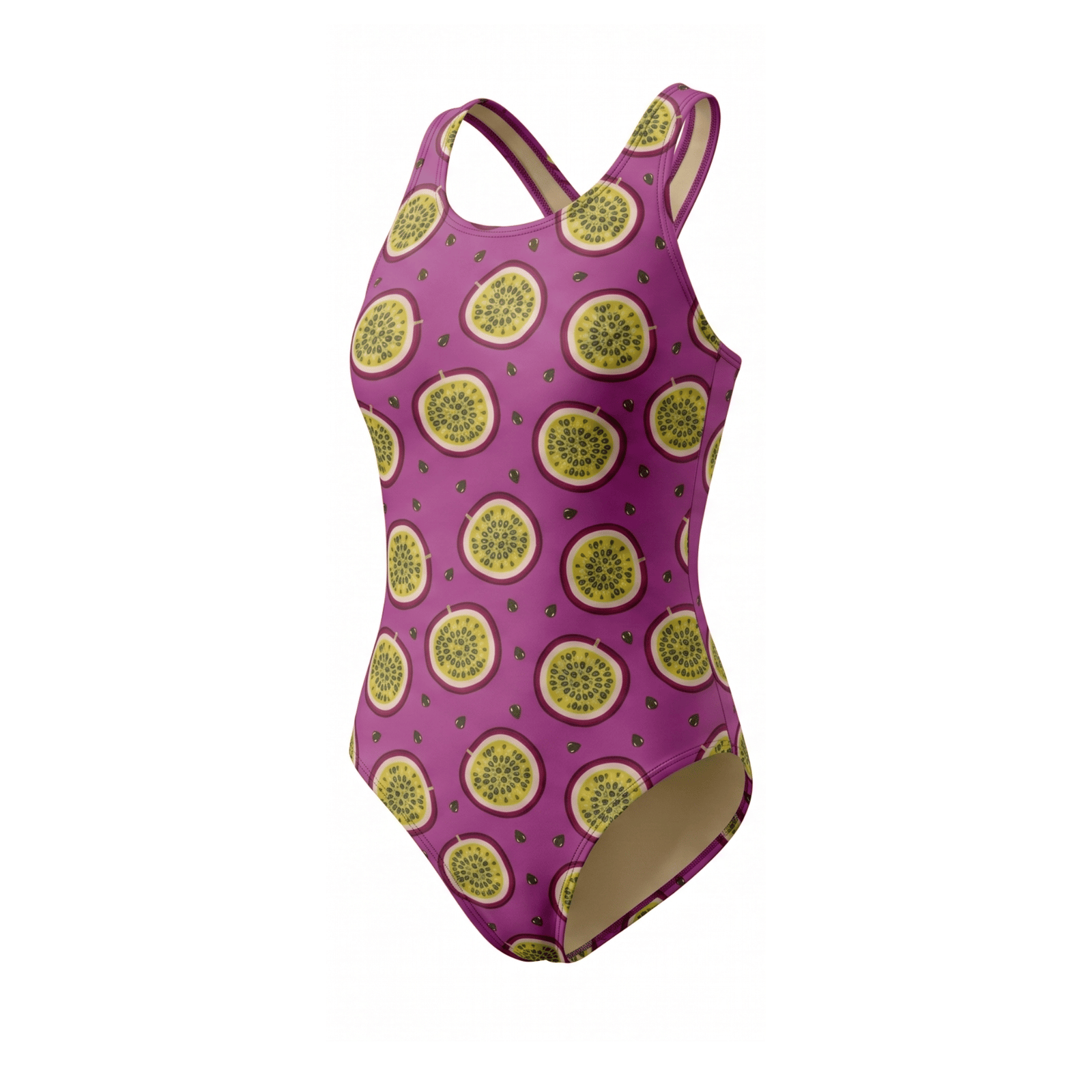 Kikx Extra Life Fastback Swimsuit in Passion Fruit on Light Purple Background