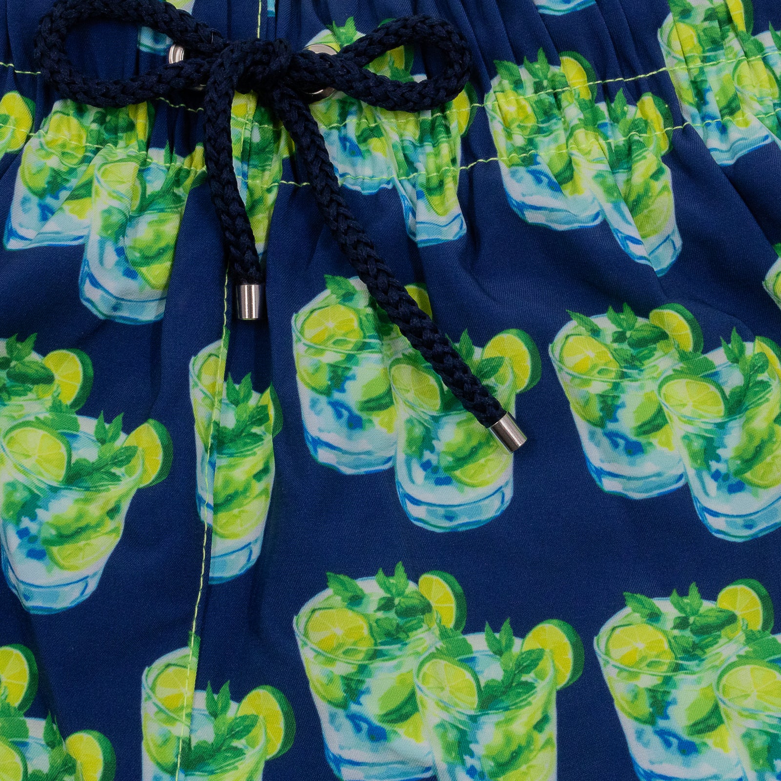 Kikx Navy Mojito Splash Board Shorts with Neon Yellow Mesh Mid Thigh Inner