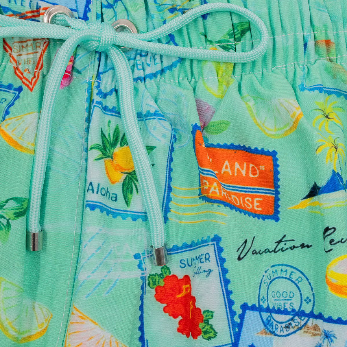 Kikx Aquamarine Summer Snap Board Shorts with White Mesh Mid Thigh Inner