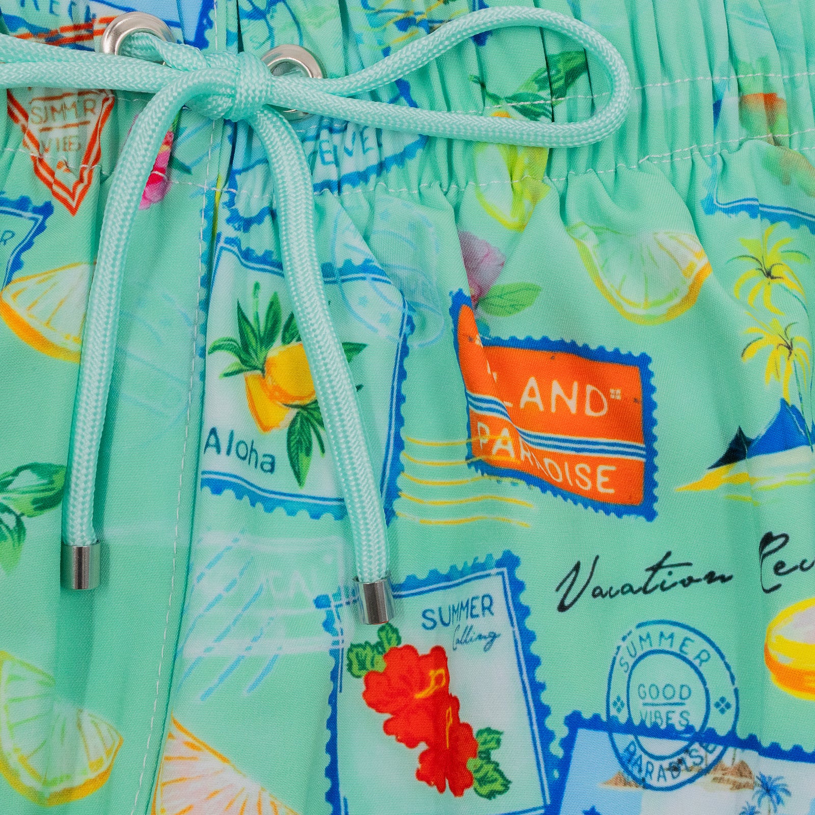 Kikx Aquamarine Summer Snap Board Shorts with White Mesh Mid Thigh Inner