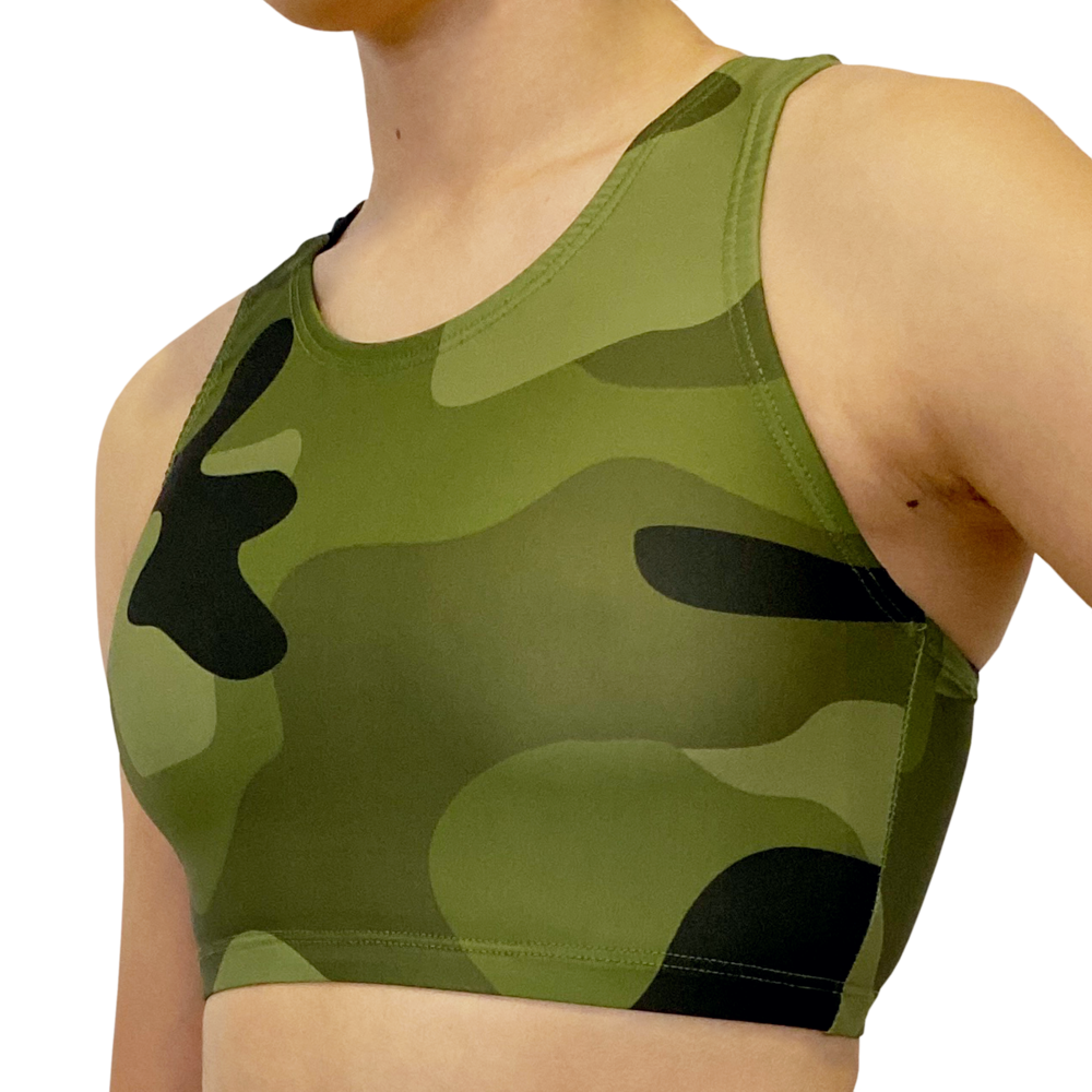 Kikx Kayla Style Sleeveless Crop Top with Racer Back in Khaki Large Military Camo Supa Matt