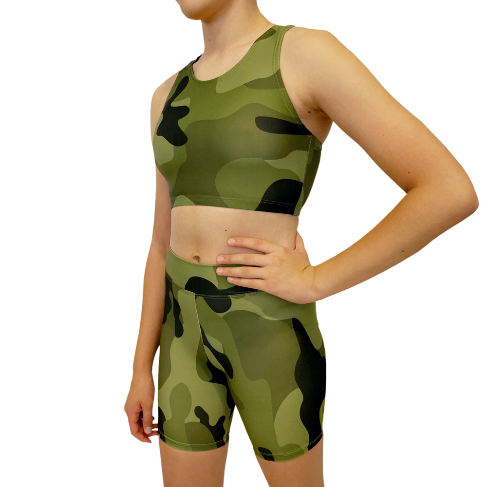 Kikx Kayla Style Sleeveless Crop Top with Racer Back in Khaki Large Military Camo Supa Matt