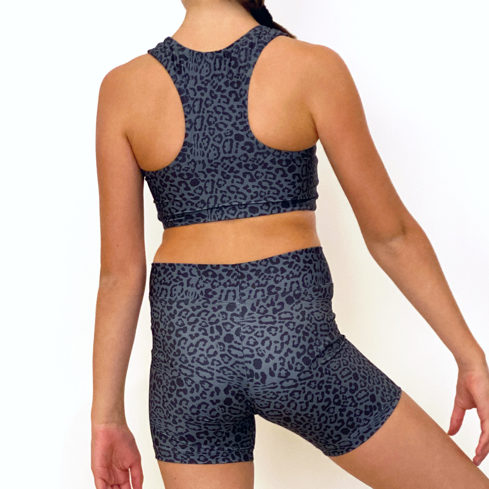 Kikx Crop Top with Racer Back in Leopard Print on Dark Grey