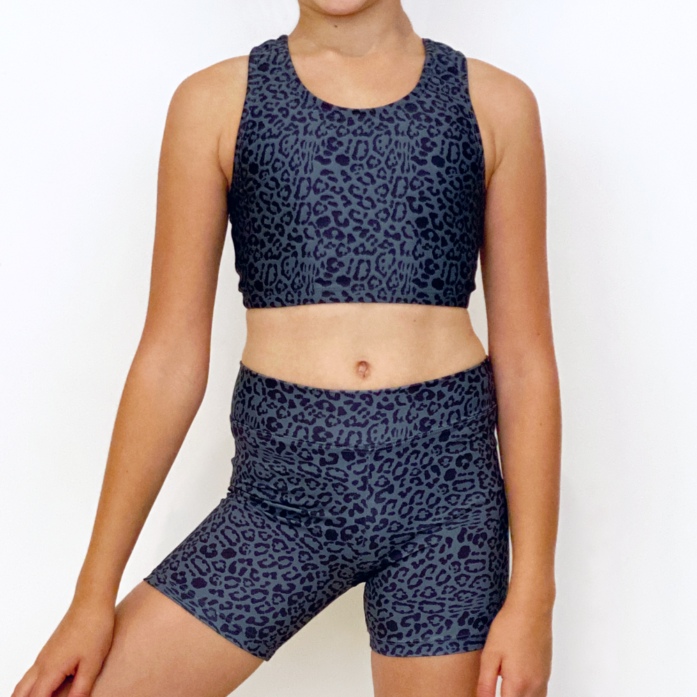 Kikx Crop Top with Racer Back in Leopard Print on Dark Grey