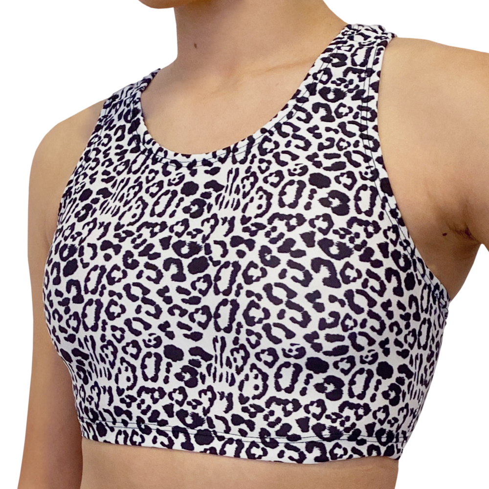 Kikx Kayla Style Sleeveless Crop Top with Racer Back in Leopard Print on White Supa Matt