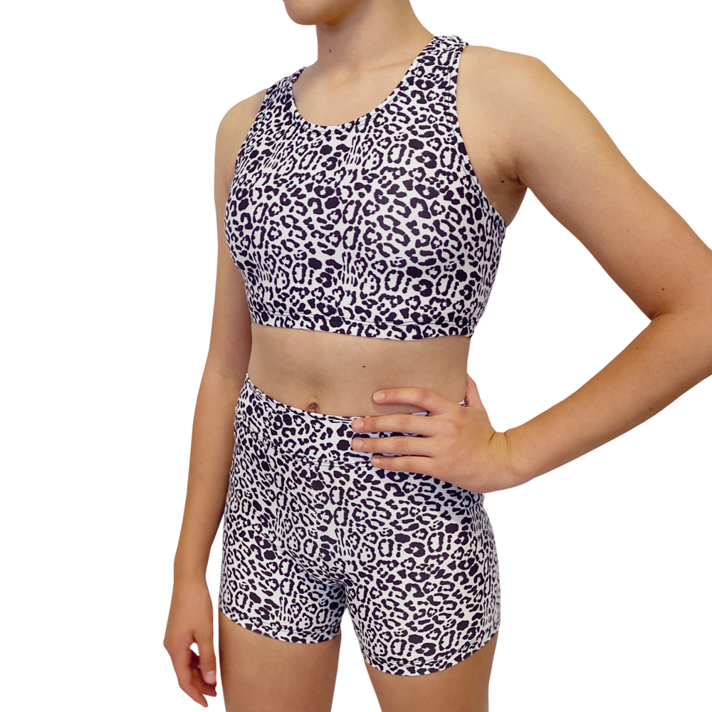 Kikx Kayla Style Sleeveless Crop Top with Racer Back in Leopard Print on White Supa Matt