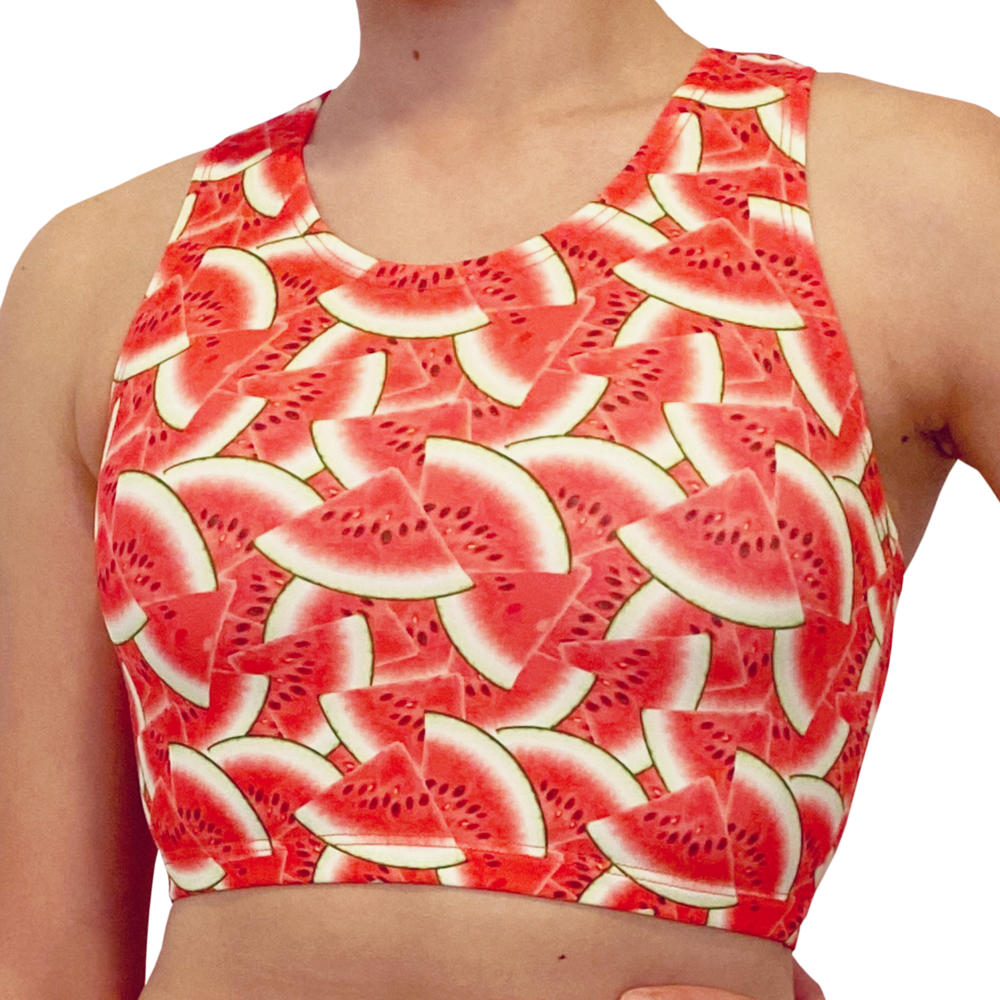 Kikx Kayla Style Sleeveless Crop Top with Racer Back in Overlapping Watermelon Slices Supa Matt