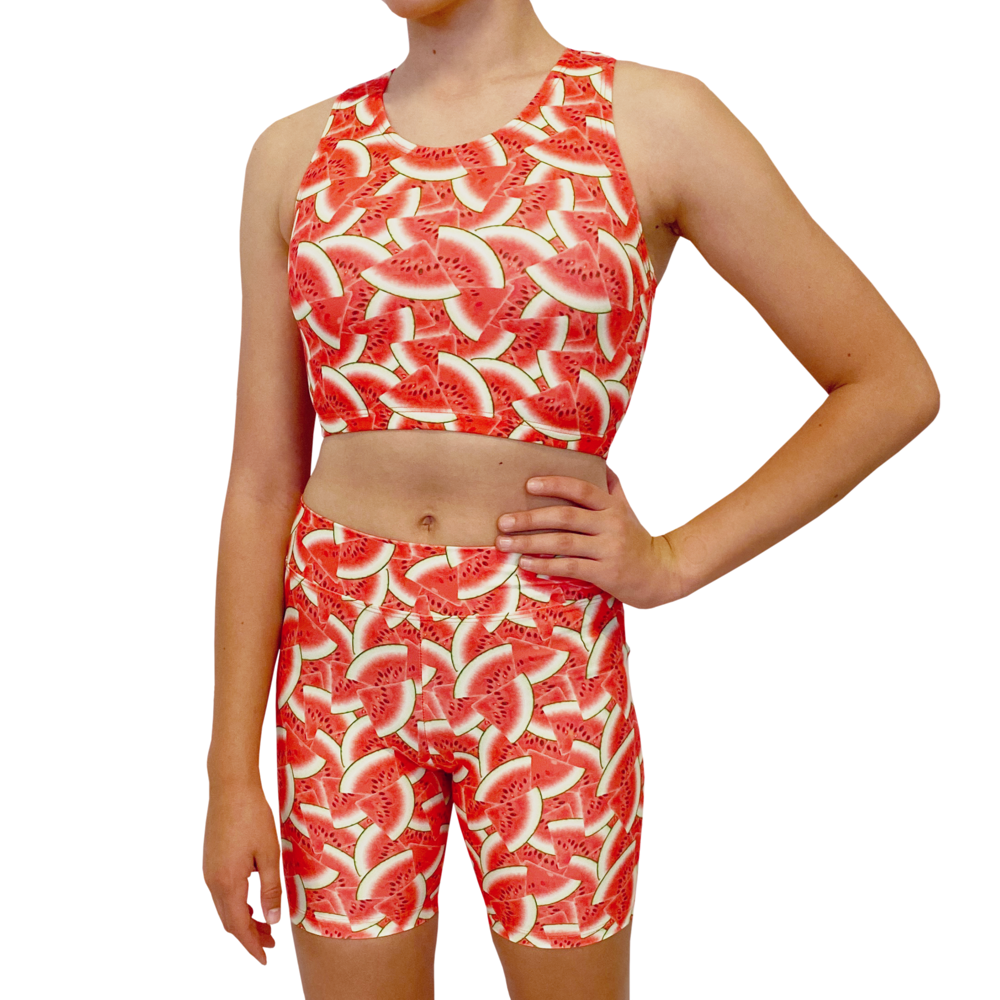 Kikx Kayla Style Sleeveless Crop Top with Racer Back in Overlapping Watermelon Slices Supa Matt